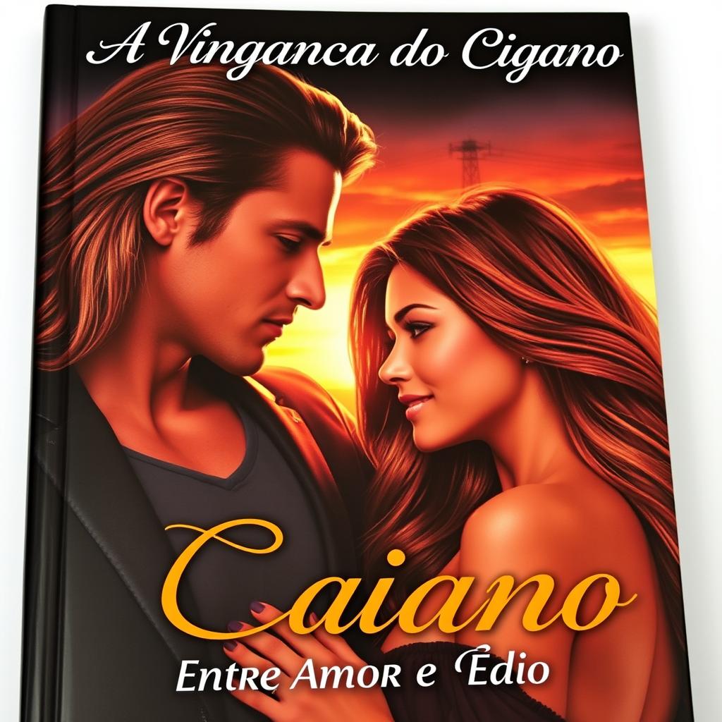 A beautiful man with long hair and a stunning woman also with long hair, both gazing intensely at each other with a backdrop of a dramatic sunset