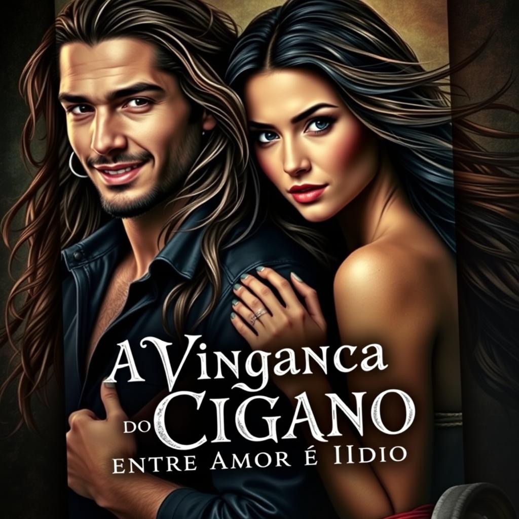 A captivating book cover featuring a handsome man with long, flowing hair and a beautiful woman also with long hair, both embodying a passionate and mysterious vibe