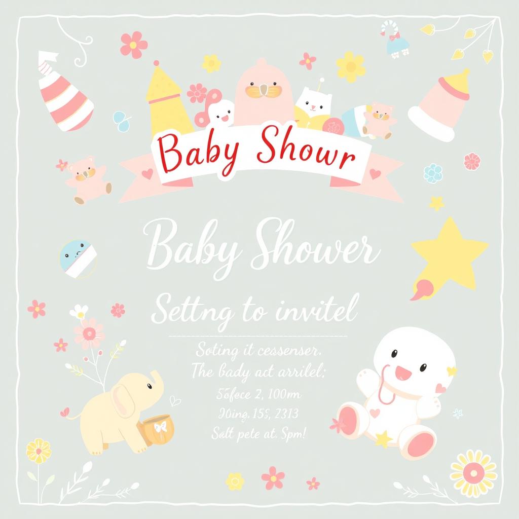 A delightful and charming baby shower card invitation design featuring soft pastel colors, including pink, blue, and yellow