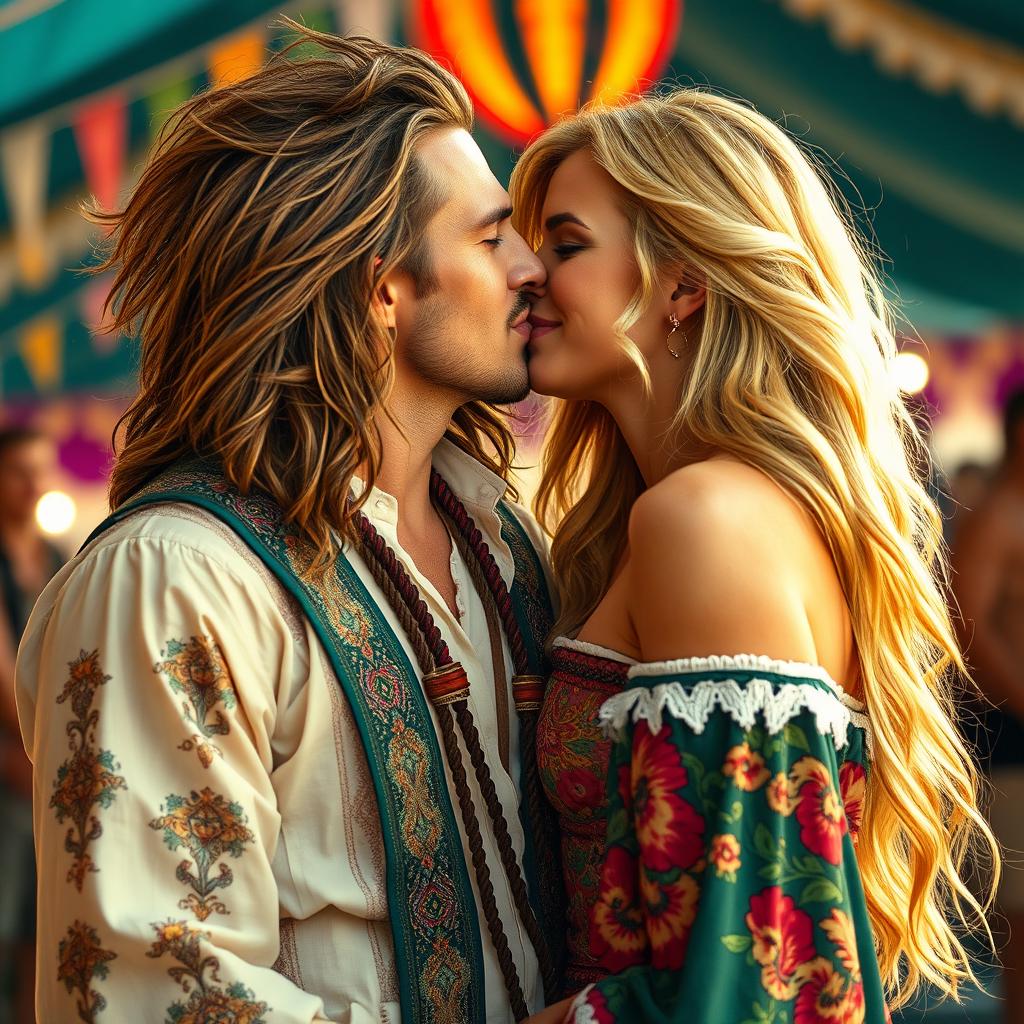 A stunning, strong-looking gypsy man with long flowing hair and an attractive blonde woman passionately kissing