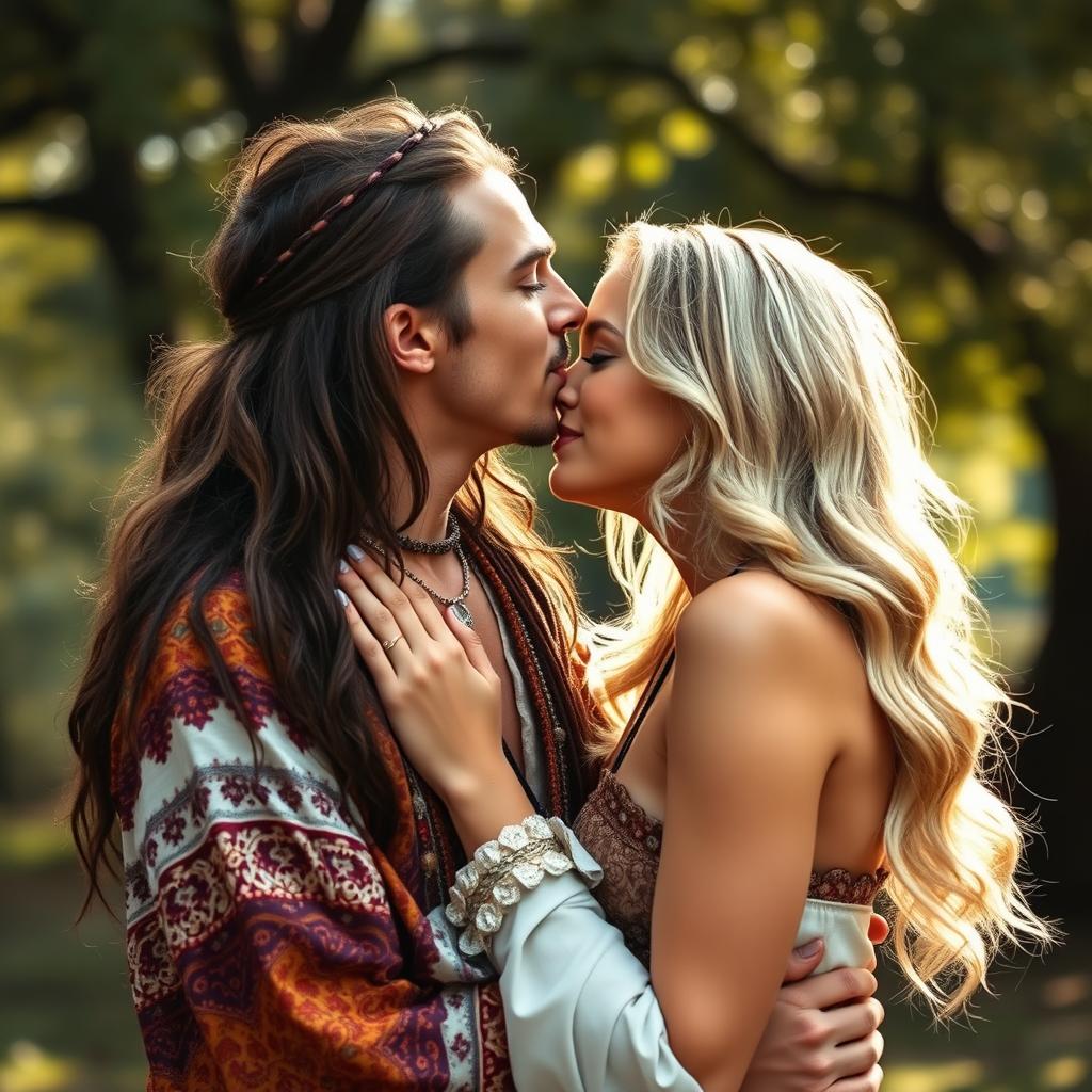 A beautiful and strong young gypsy man with long hair is kissing a stunning blonde woman who appears as a typical young woman