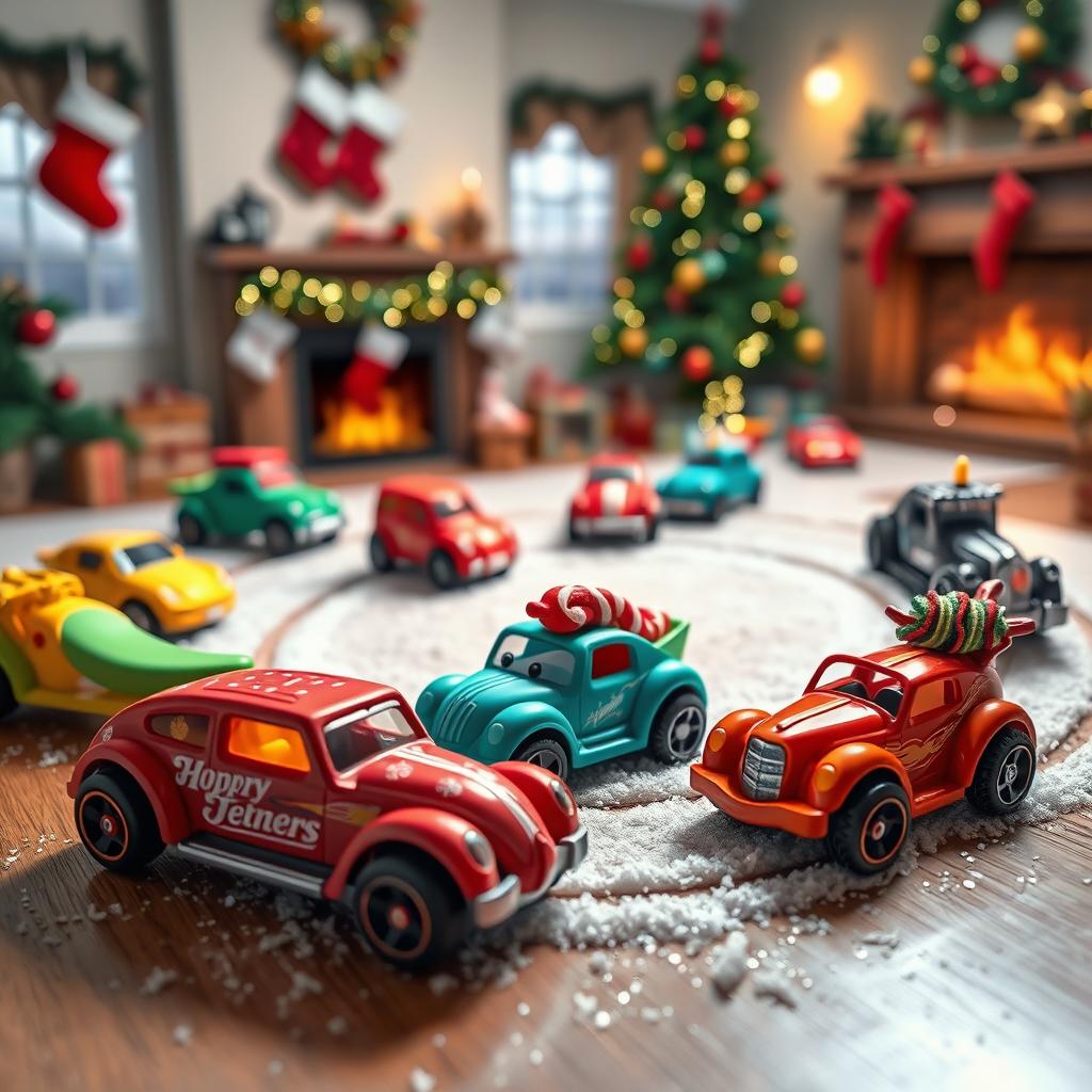 A festive, cheerful scene featuring a collection of colorful toy holiday-themed cars, styled like traditional Hot Wheels but adorned with winter holiday decorations such as snowflakes, candy canes, and Christmas lights