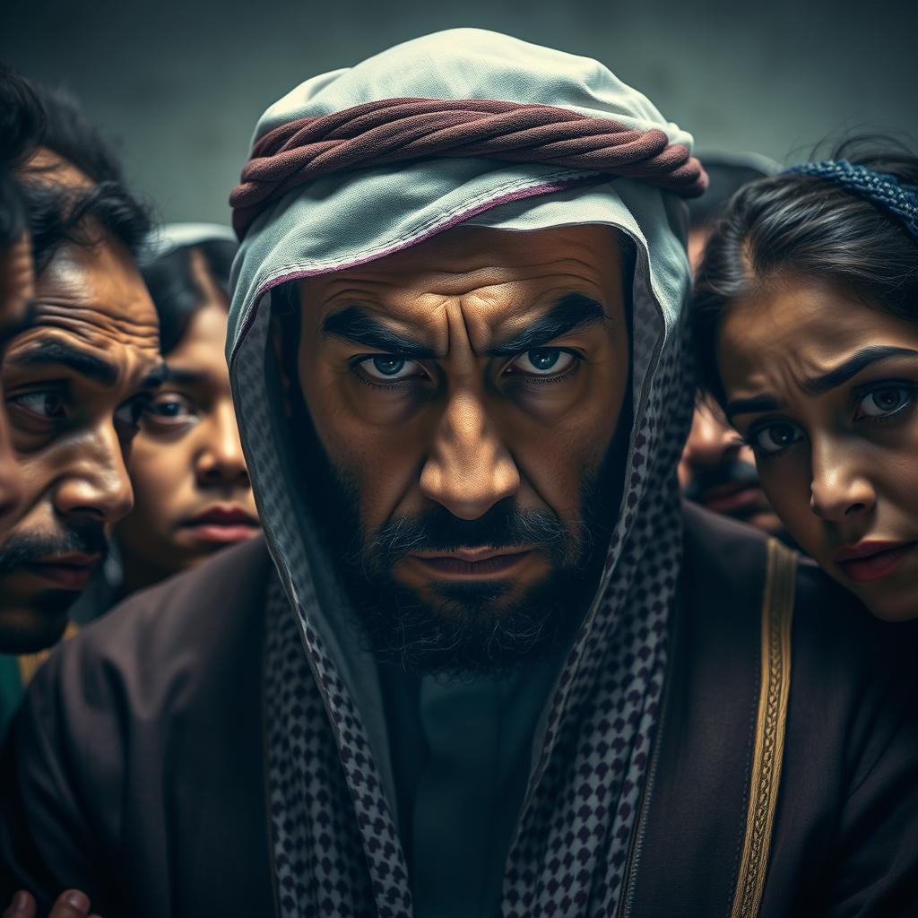 A serious and stern-looking Sheikh with a furrowed brow and intense expression, surrounded by his family members