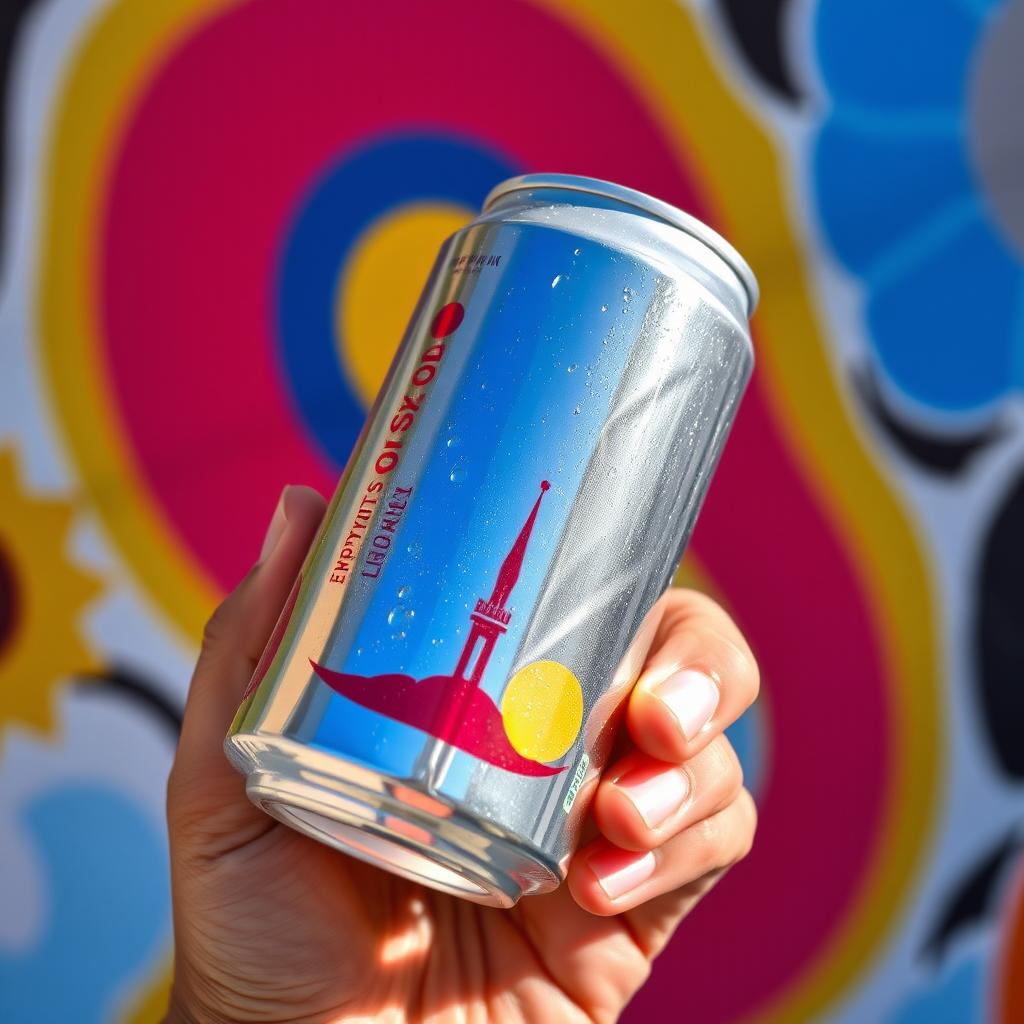 A close-up of a hand holding a shiny, metallic soda can, against a vibrant outdoor background