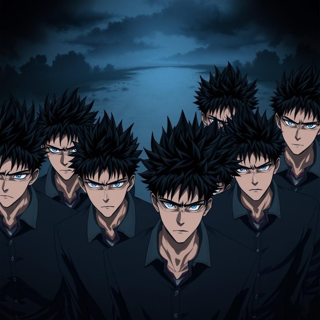 Eight identical men with spiky black hair and striking blue eyes, depicted in anime style