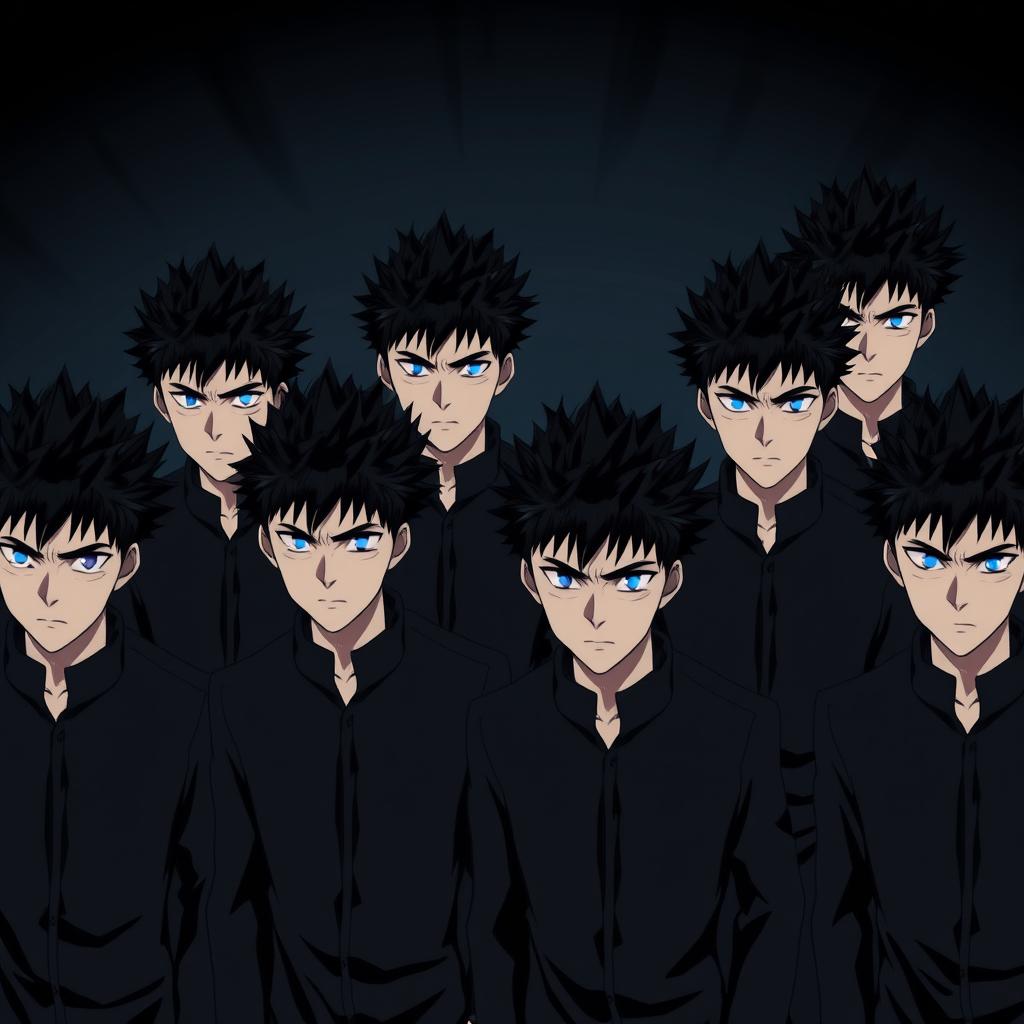 Eight identical men with spiky black hair and striking blue eyes, depicted in anime style