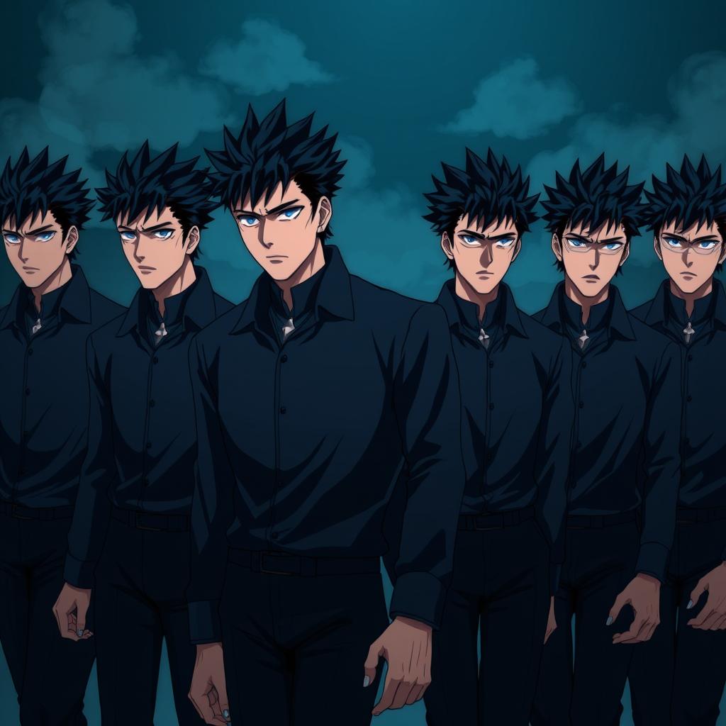 Eight identical men with spiky black hair and vivid blue eyes, illustrated in anime style