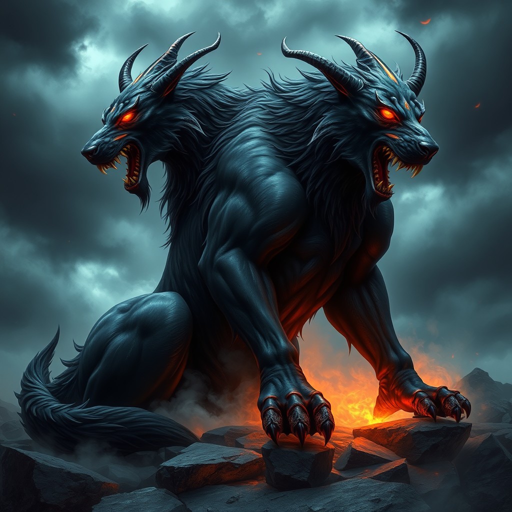 A terrifying and majestic hellhound, featuring dark sleek fur that shimmers with subtle hints of red and orange, glowing eyes like fiery coals, and massive, muscular hindquarters