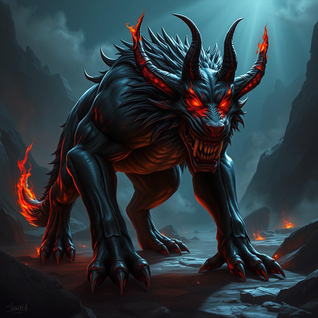 A fierce and imposing hellhound, characterized by dark, glossy fur with flames flickering at the tips, piercing red eyes that glow with intensity, and a powerful, muscular build that radiates strength