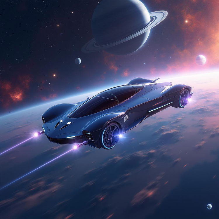 A futuristic flying car soaring through the vastness of space, surrounded by twinkling stars and vibrant nebulae