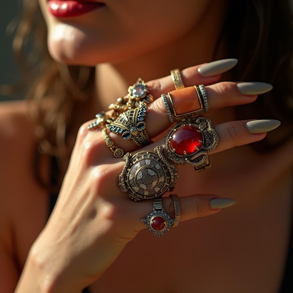 A close-up of a hand adorned with multiple oversized rings in an artistic fashion