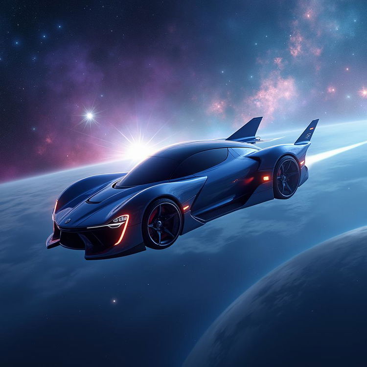 A sleek, futuristic flying car soaring through the vastness of space, surrounded by twinkling stars and distant galaxies