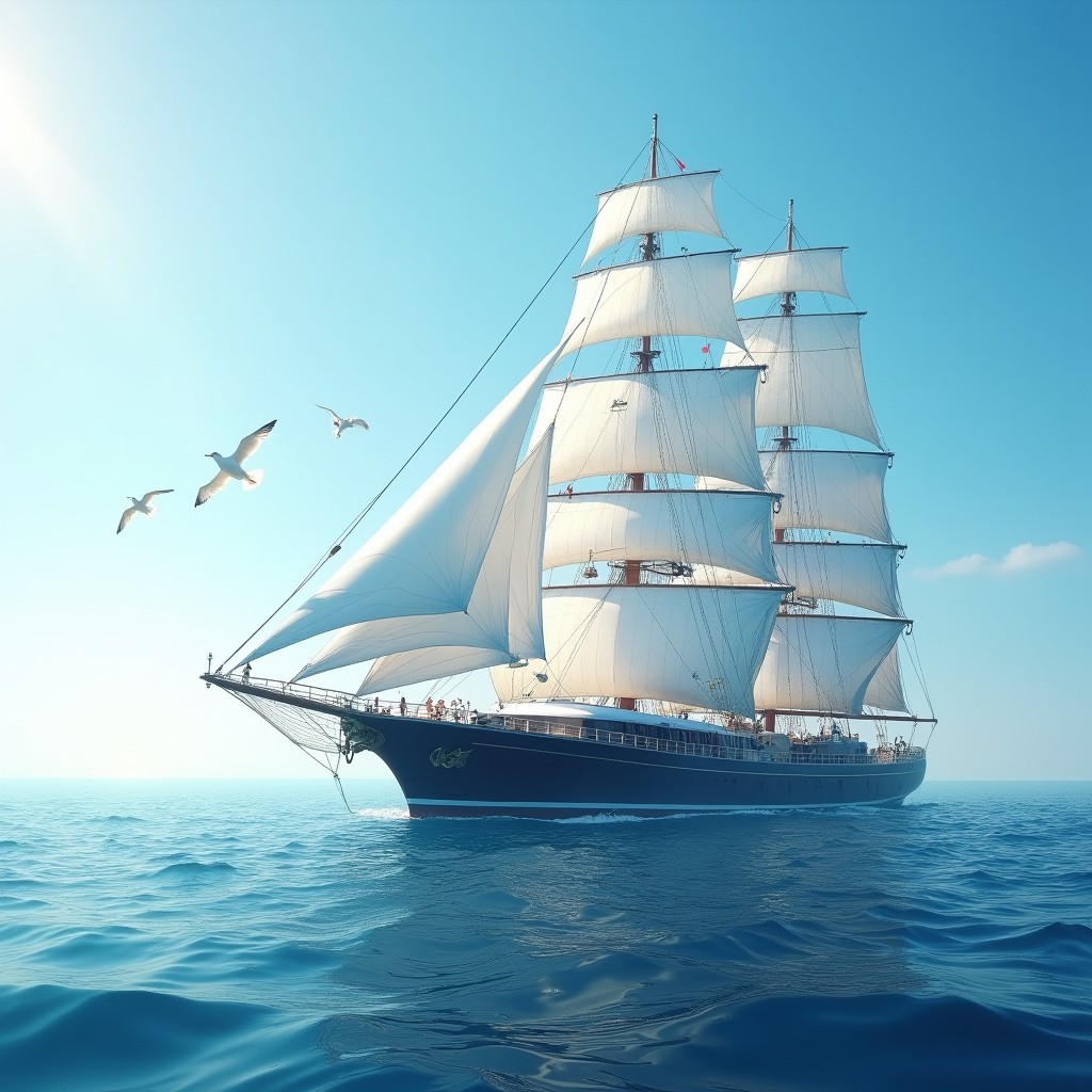 A massive boat sailing on a calm blue ocean, showcasing its impressive size and elegant design