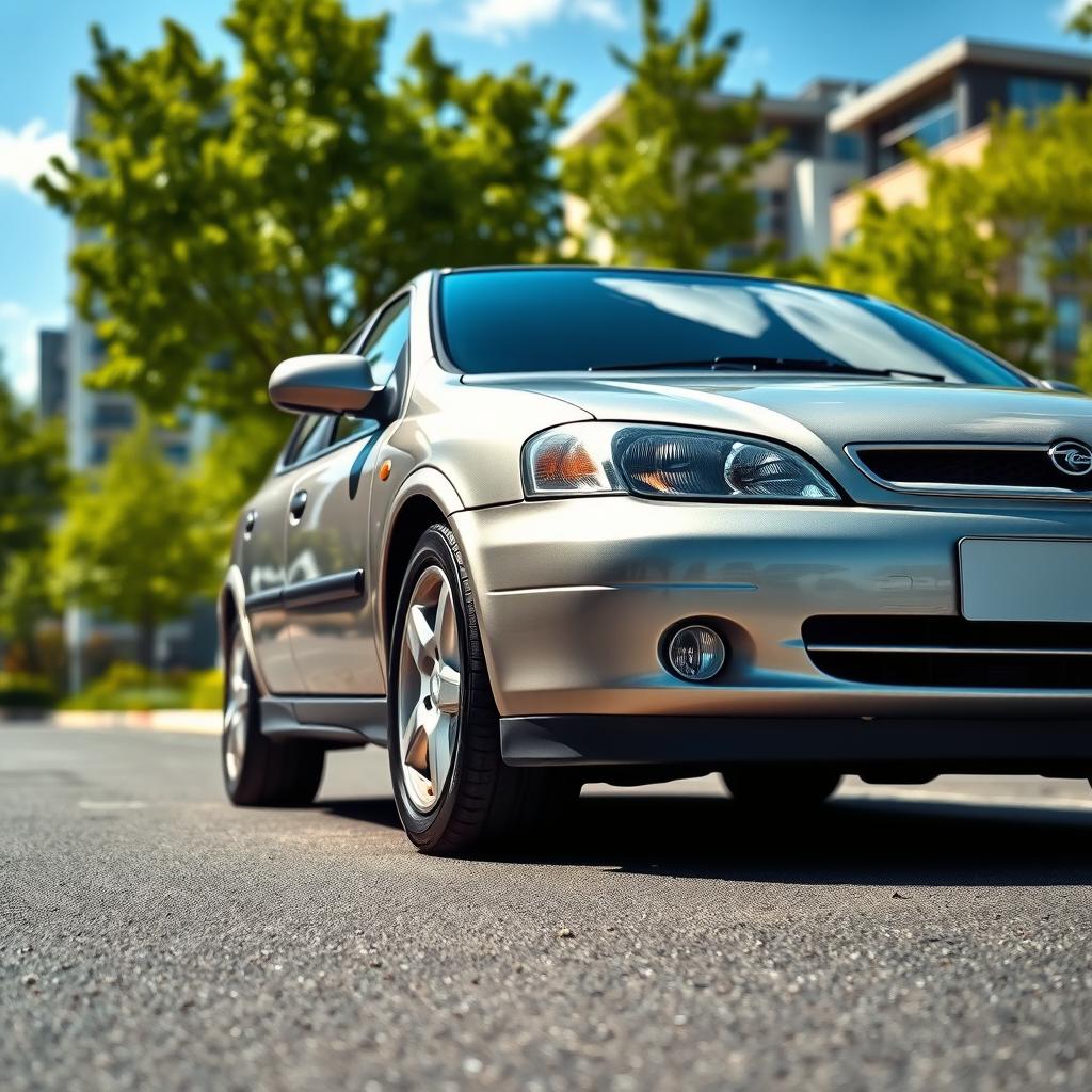 A vibrant and detailed depiction of a 2001 Opel Astra parked in a scenic urban setting