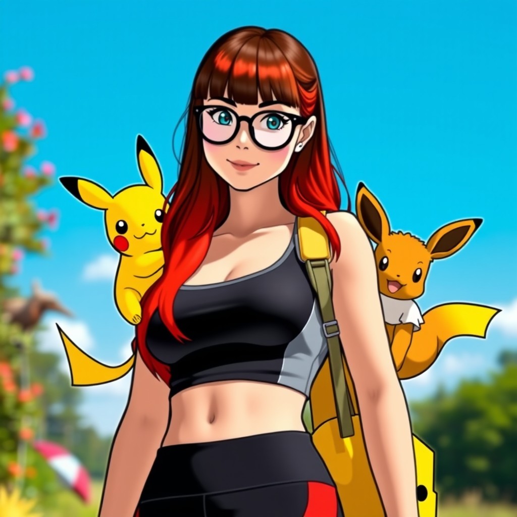 A stylish brunette woman with bangs and glasses, showcasing her vibrant long hair, stands confidently as a Pokemon trainer