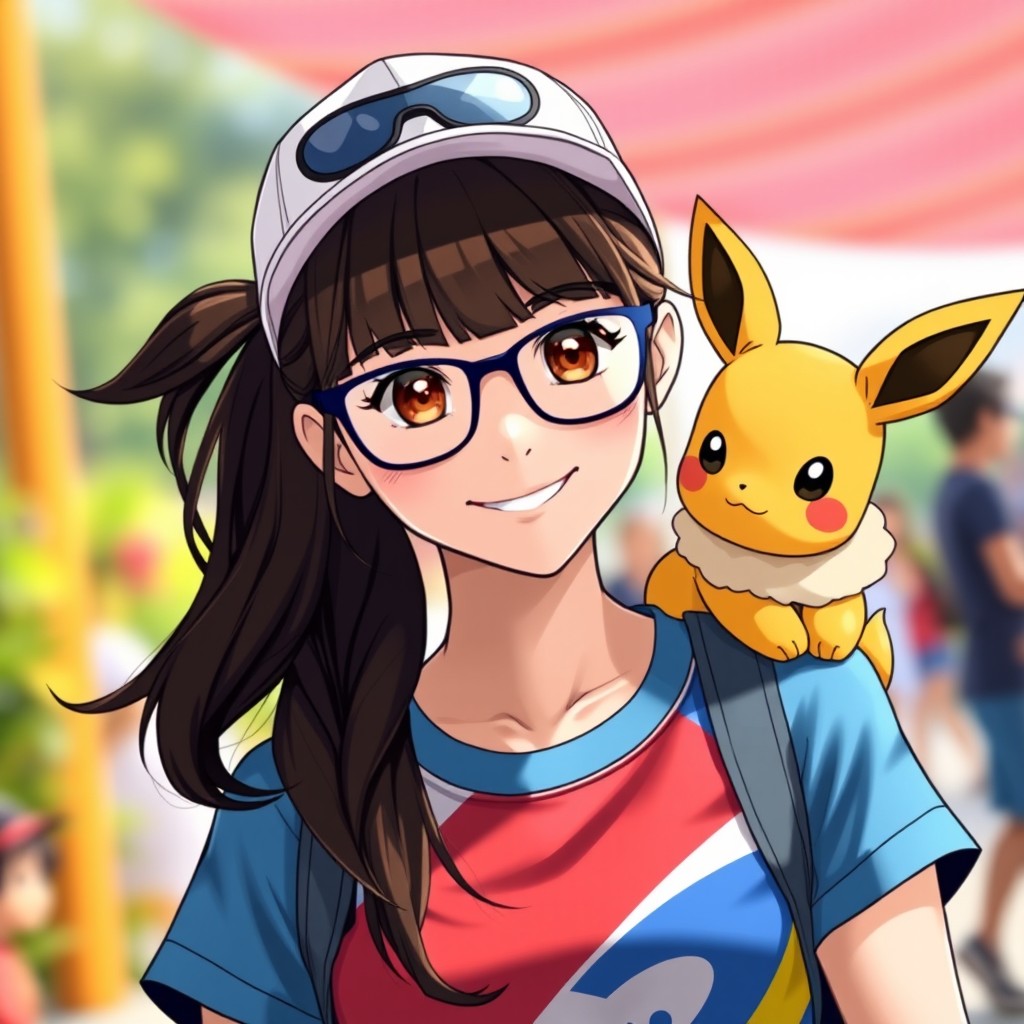 A sporty brunette woman with bangs and glasses, featuring long hair tied in a ponytail with cute wisps on the sides