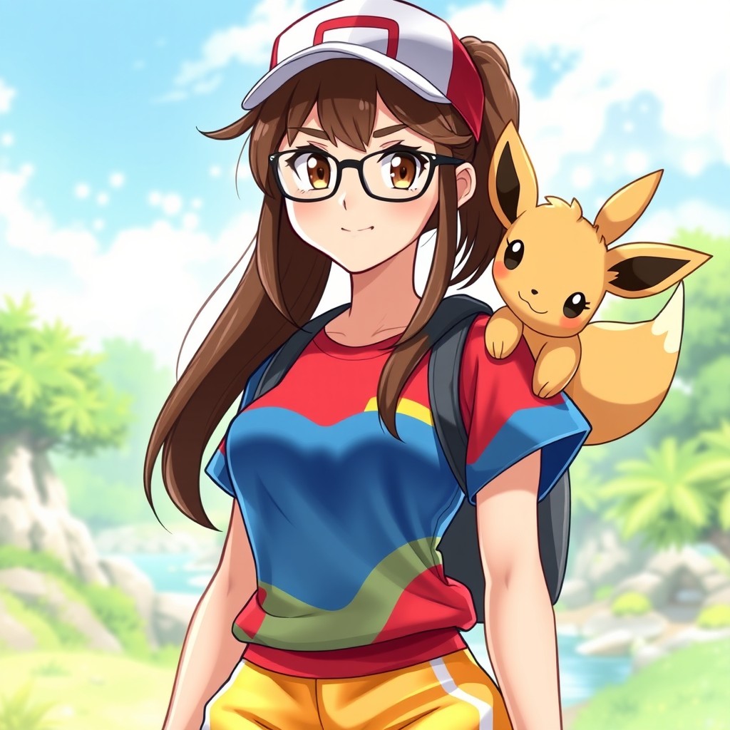 A vibrant depiction of a female Pokemon trainer, featuring a brunette woman with bangs and stylish glasses