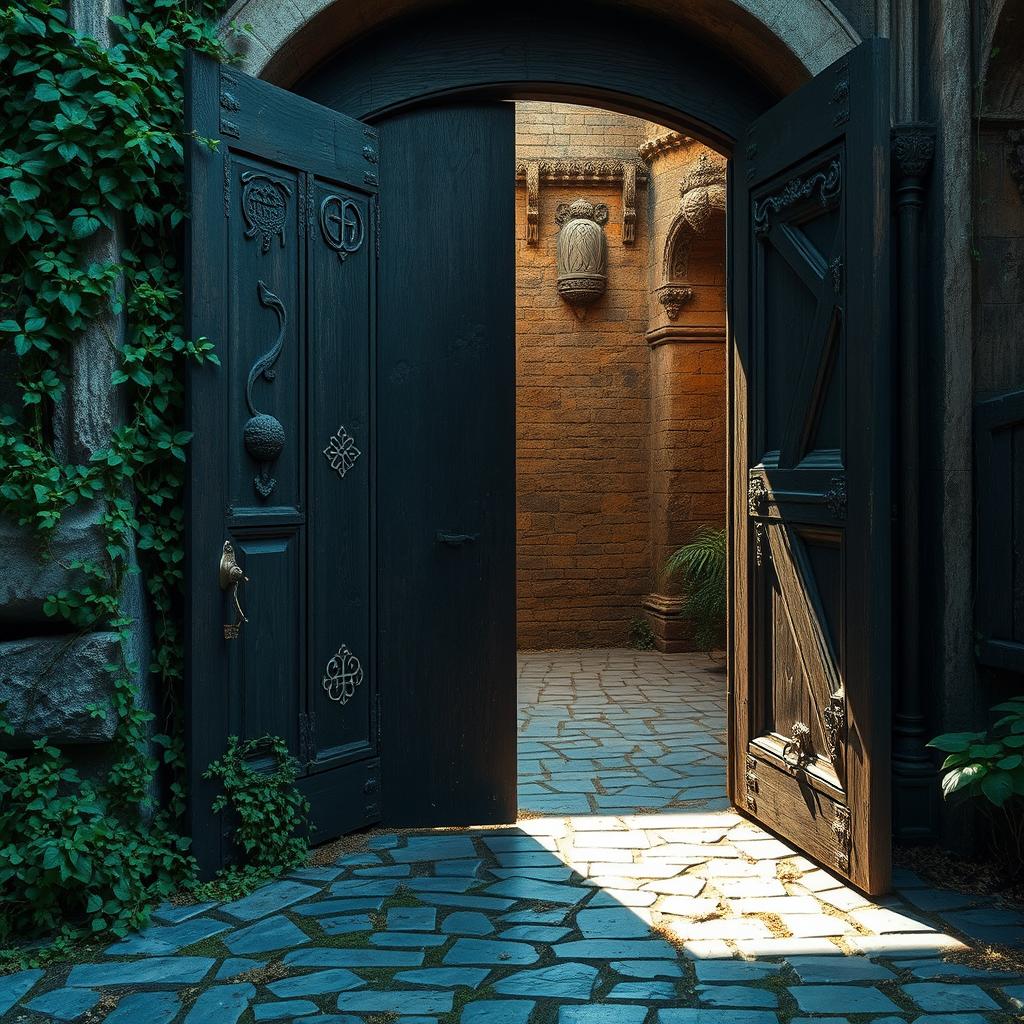 A large, ancient door slowly opening, revealing a glimpse of a mysterious and enchanting interior