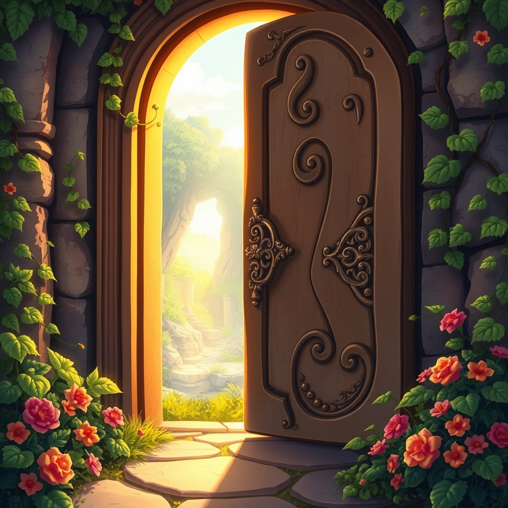 An illustration of a large, ancient door gently opening, perfect for a storybook