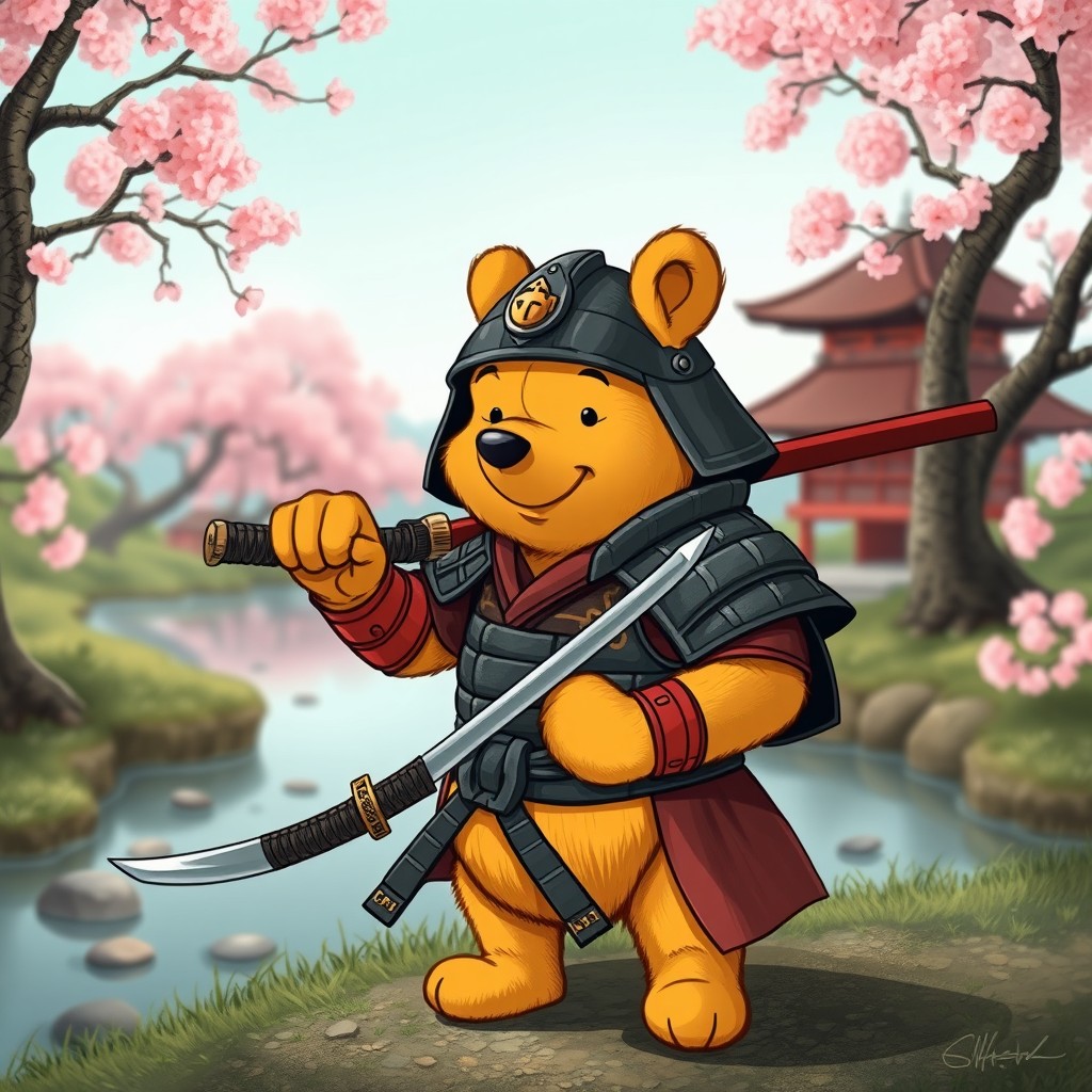 A whimsical and imaginative illustration of Winnie the Pooh reimagined as a fierce samurai warrior