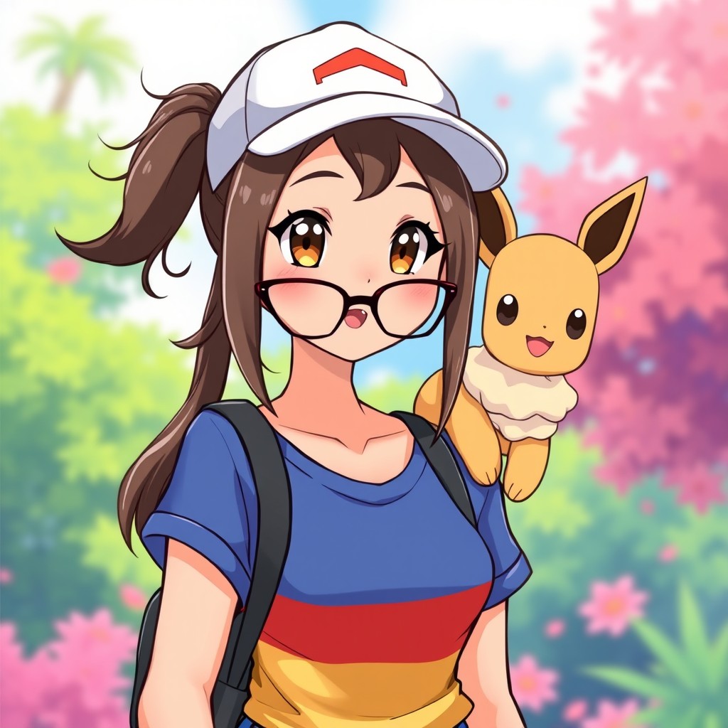 A vibrant illustration of a female Pokemon trainer, showcasing a brunette woman with trendy bangs and stylish glasses, her hair pulled back into a playful ponytail with wisps on the side