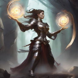 An unarmed female kineticist, donned in formidable heavy armor, employs her elemental mastery to make wooden splinters and rocks levitate in a mesmerising swirl around her.