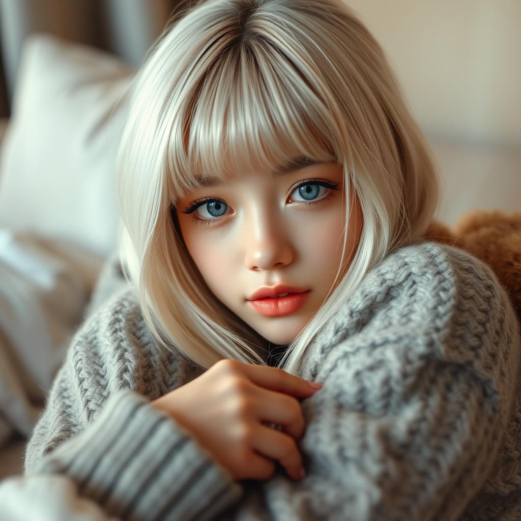 A stunning Eurasian girl, aged 23–25, cuddling up in a cozy setting
