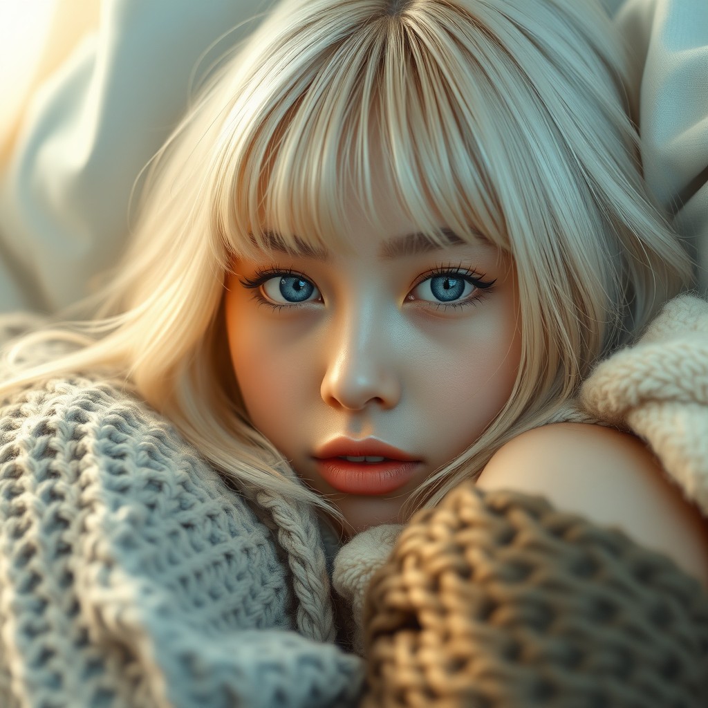 A realistic depiction of a stunning Eurasian girl, aged 23–25, cuddling up in a cozy setting