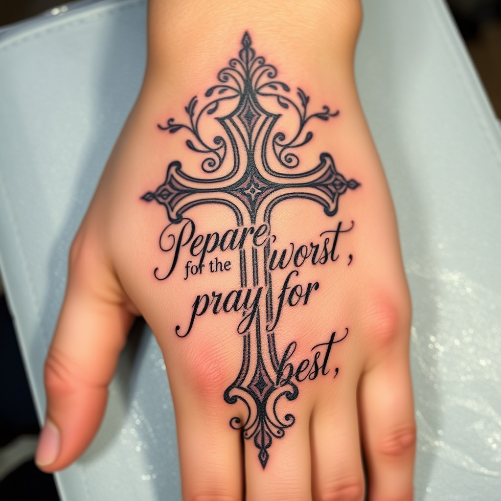 A detailed tattoo design featuring a prominent cross on the back of a hand, with the elegant script writing that says 'Prepare for the worst, pray for the best' creatively integrated into the design