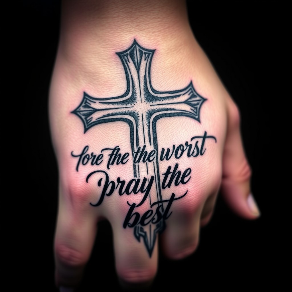 A robust tattoo design featuring a strong, masculine cross on the back of a hand, with bold lettering that says 'Prepare for the worst, pray for the best' integrated into the design