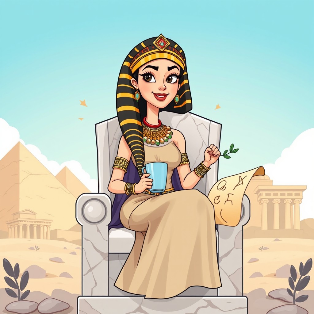 A whimsical and humorous depiction of Cleopatra in a modern, playful setting that emphasizes her Greek origins