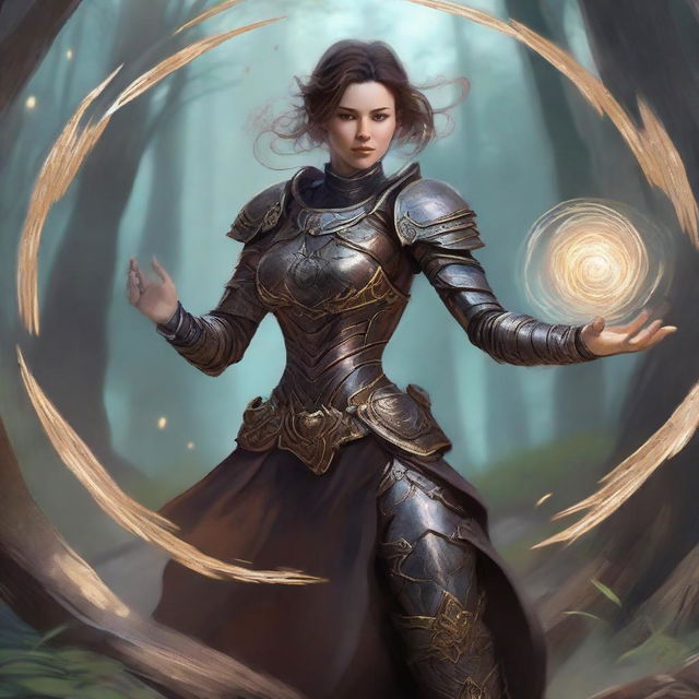 An unarmed female kineticist, donned in formidable heavy armor, employs her elemental mastery to make wooden splinters and rocks levitate in a mesmerising swirl around her.