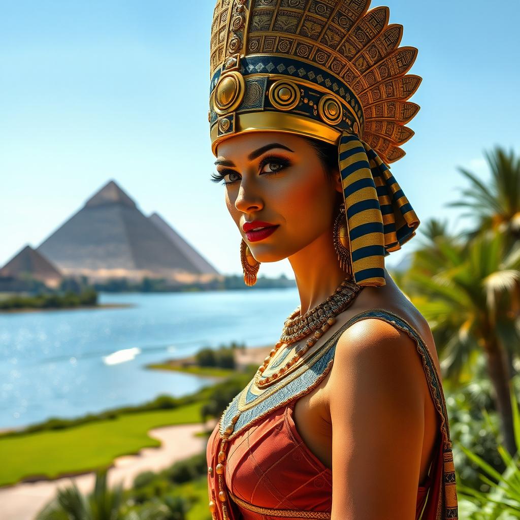 Cleopatra, the exotic Queen of Egypt, adorned in a stunning golden headdress with intricate designs