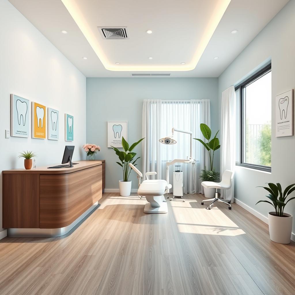 An inviting interior design of a dental clinic measuring 16 square meters, featuring a modern and clean aesthetic