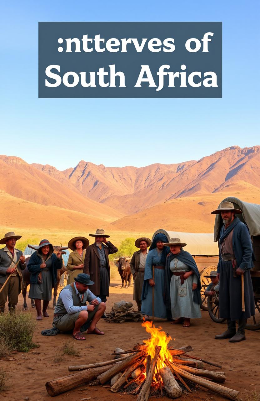 A scene depicting 19th century settlers arriving in South Africa, showcasing a diverse group of men, women, and children dressed in period-appropriate clothing