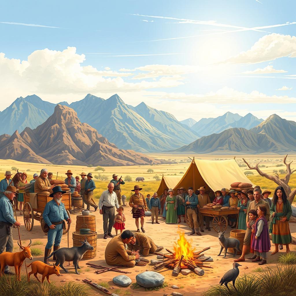 A detailed illustration of the 1820 British settlers arriving in South Africa, showcasing a diverse group of men, women, and children in authentic early 19th century attire
