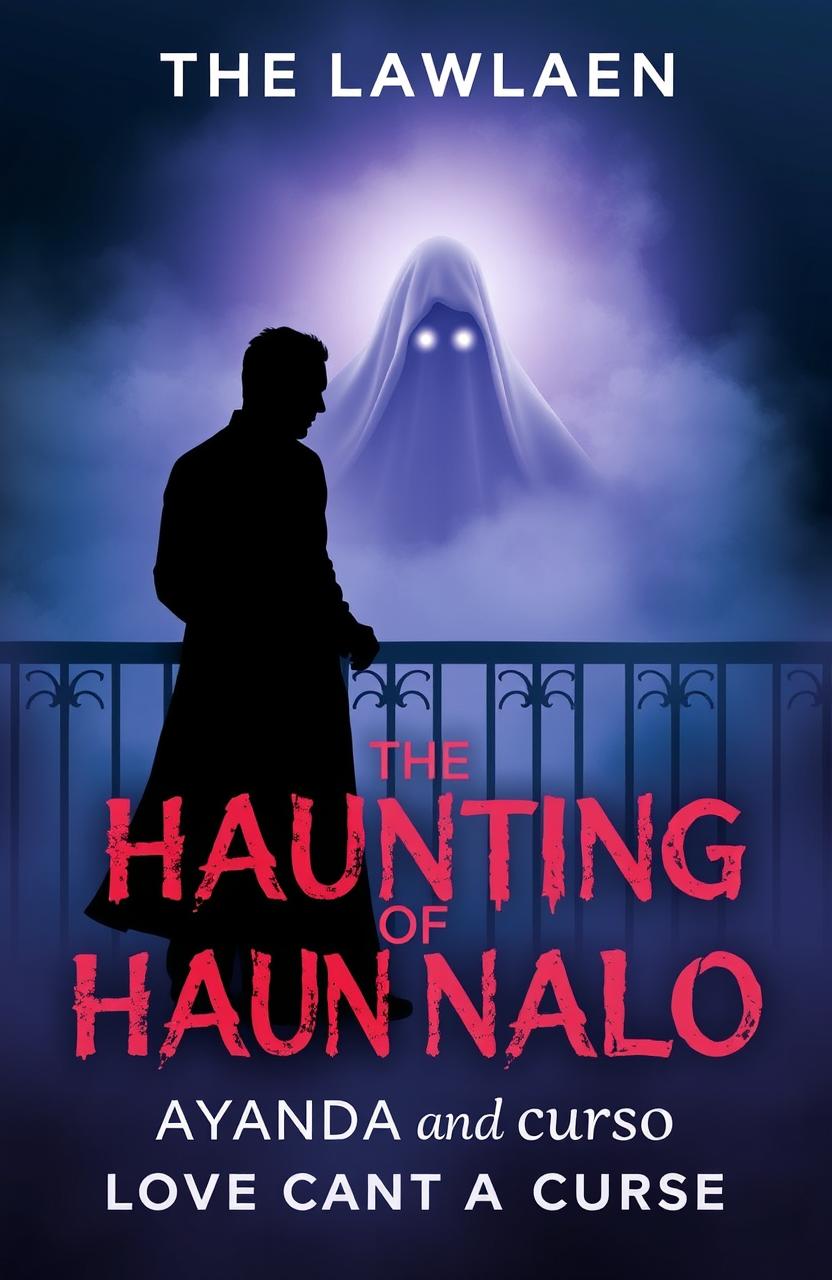 A haunting book cover design for 'The Haunting of Ayanda and Nalo', featuring a silhouette of a couple on a fog-shrouded balcony