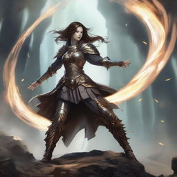 An unarmed female kineticist, donned in formidable heavy armor, employs her elemental mastery to make wooden splinters and rocks levitate in a mesmerising swirl around her.