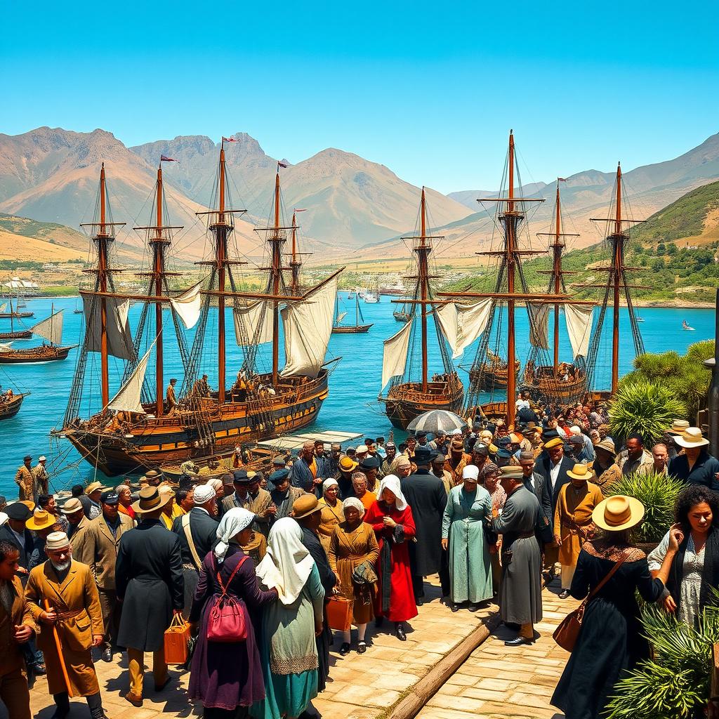 A historical scene depicting British settlers arriving at the Cape of Good Hope in 1820, showcasing a bustling harbor filled with wooden ships