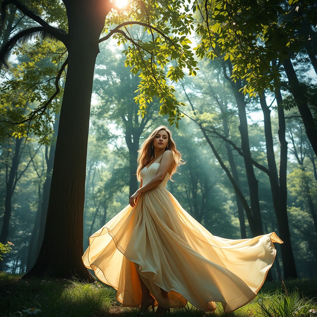 A serene landscape depicting a beautiful woman standing gracefully amidst tall, lush trees in a vibrant forest