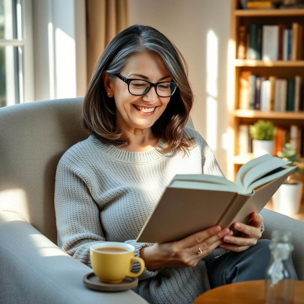 A 50-year-old woman with a warm smile, sitting comfortably in a cozy armchair, engrossed in reading an open book