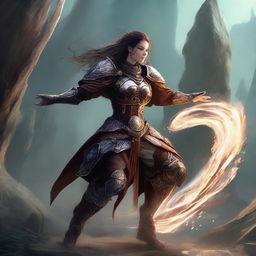 An unarmed female kineticist, donned in formidable heavy armor, employs her elemental mastery to make wooden splinters and rocks levitate in a mesmerising swirl around her.