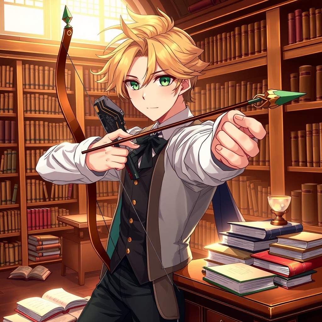 Anime-style illustration of a male librarian with striking blonde split hair, styled elegantly, and vibrant green eyes that capture attention