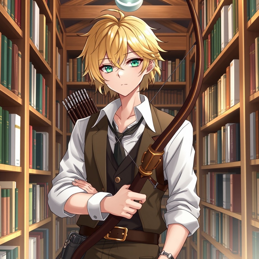 A stylish anime guy librarian with striking blonde hair and vibrant green eyes, standing in a cozy library filled with books