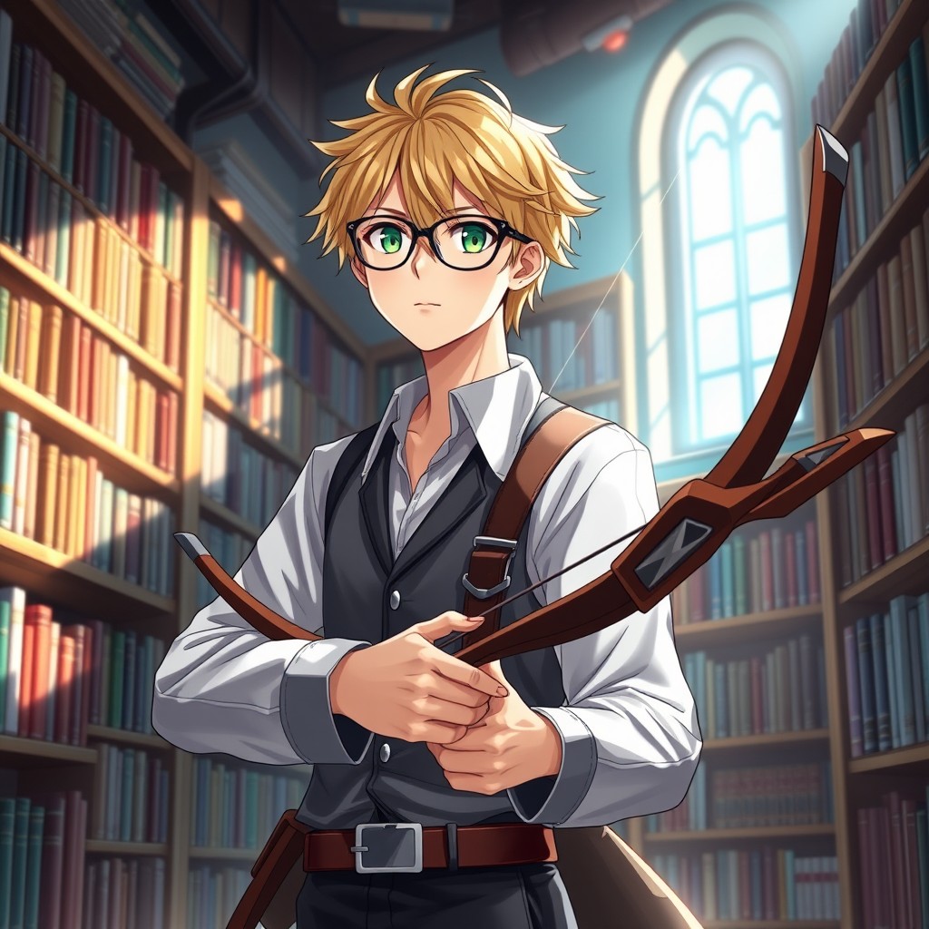 A young anime male librarian in his 20s with striking blonde hair and vibrant green eyes, standing confidently