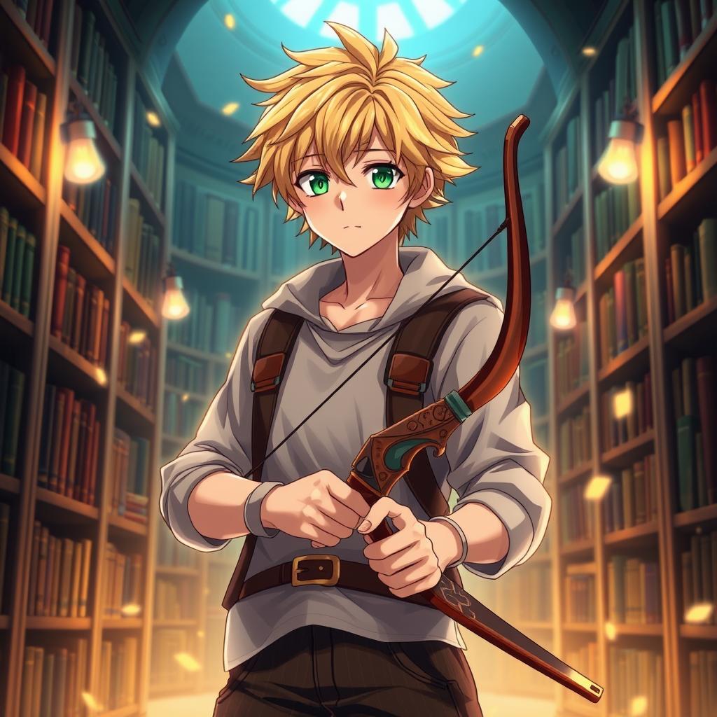 An anime guy with striking blonde hair and vibrant green eyes stands confidently in a cozy library