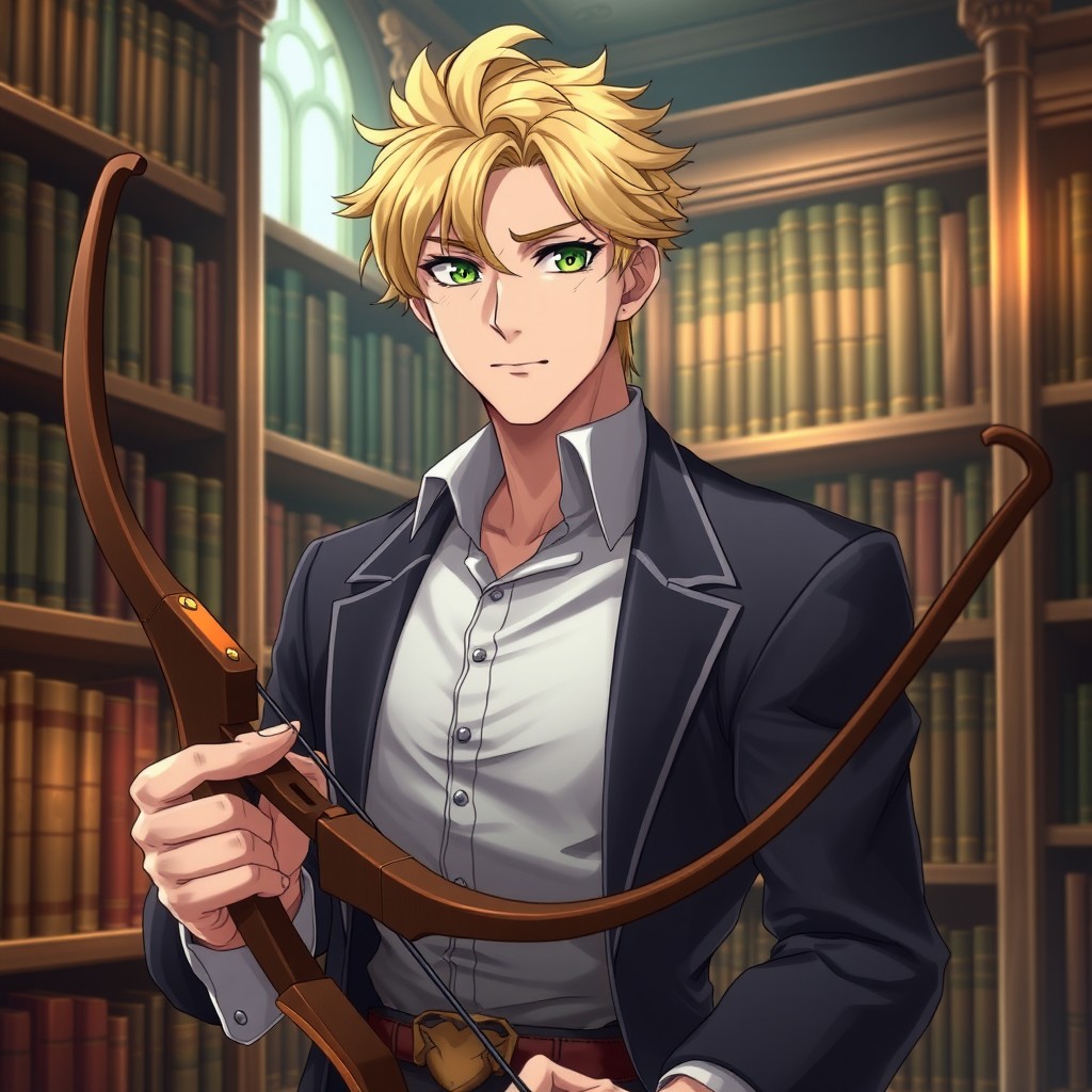 An anime-style mature man with striking blonde hair and vibrant green eyes, standing confidently in a cozy library filled with books