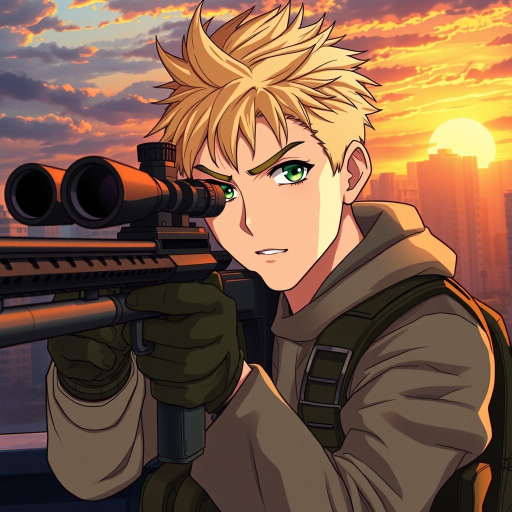 An anime style illustration of a talented marksman, featuring a handsome young man with striking blonde hair and vibrant green eyes