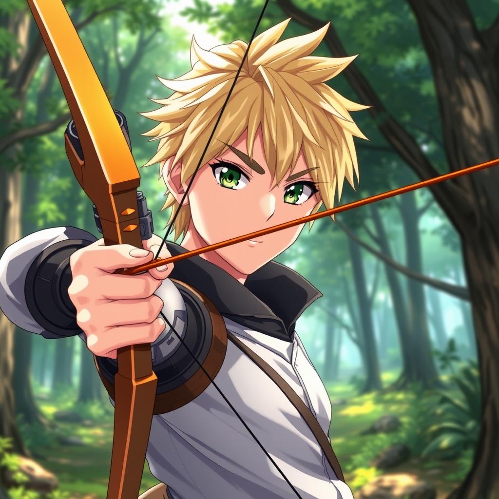 An anime-style adult male character with striking blonde hair and vivid green eyes, confidently holding a bow