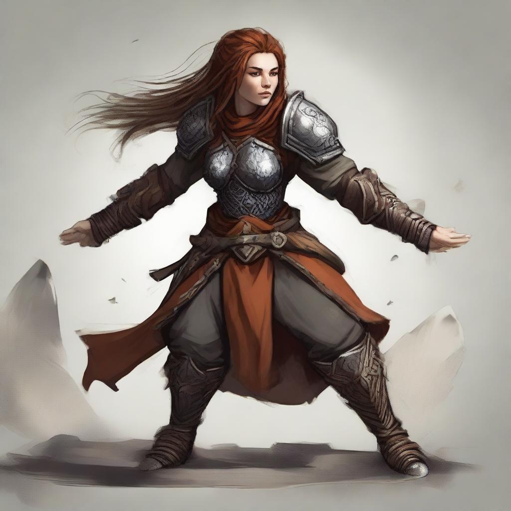 An unarmed dwarven female kineticist, clad in heavy armor, exercises her elemental control, causing wooden splinters and rocks to ascend from the ground and float gracefully in motion around her.